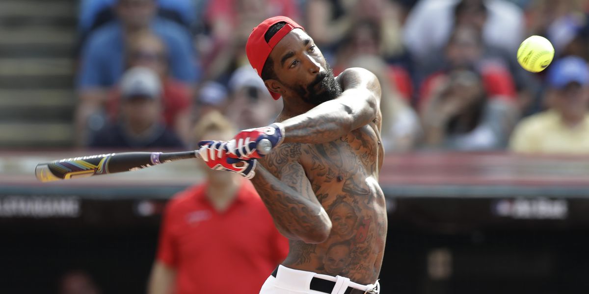 J.R. Smith Takes Part In MLB Celebrity Softball Game; Takes At-Bat Shirtless